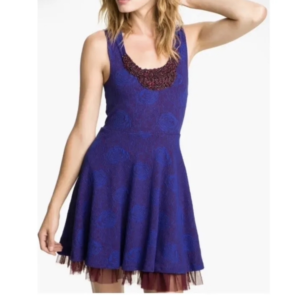 Free People Beaded Tulle Floral Jacquard Fit to Flare Skater Dress Size S